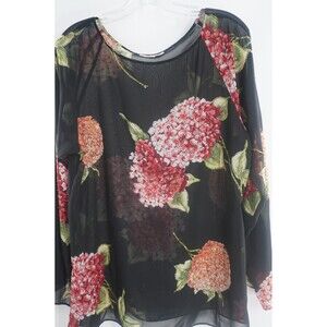 Studio 1 Black & Red Floral Hydrangea Sheer Blouse Sequined Boho Print Top Sz 12